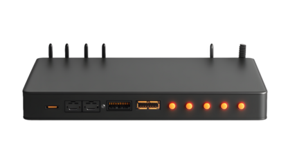 A sleek black multi-port device featuring multiple connections and LED indicators, ideal for tech enthusiasts.