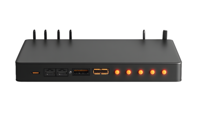 A sleek black multi-port device featuring multiple connections and LED indicators, ideal for tech enthusiasts.