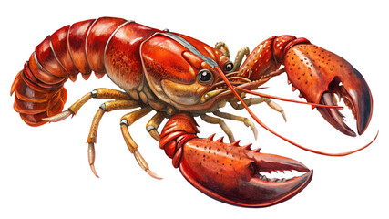 Vivid watercolor illustration of a bright red lobster on a white background