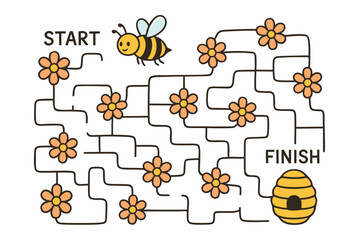 Maze puzzle game for kids 4-6 years old with cute bee. Kid puzzle for preschool child entertainment and educational activity. Vector illustration for a children's book.