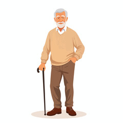Elderly man smiling with cane in minimalist style, kindness and wisdom