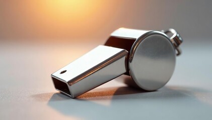 Silver metal whistle, shiny surface, isolated , tool, sports, metallic