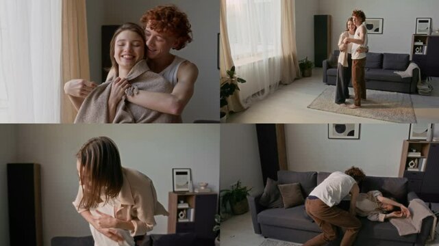 Split screen of young man covering his girlfriend in blanket, slow dancing and playfully lifting her in cozy living room