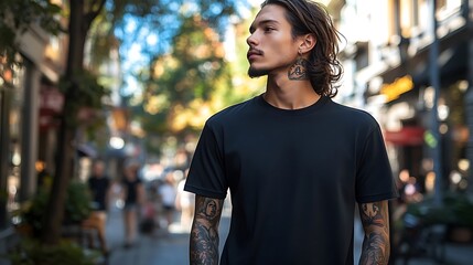 Fototapeta premium Urban street style featuring a young man in a black t-shirt.