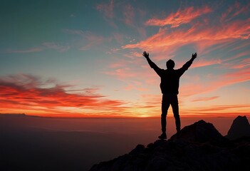 Fototapeta premium a silhouetted figure stands with arms raised in triumph atop a rocky peak against a vibrant and dramatic sunset sky.