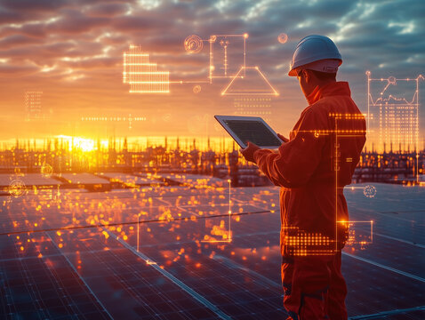 construction worker in orange uniform and helmet uses tablet while standing on solar panel field at sunset, surrounded by digital data overlays