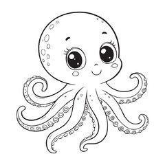 Cute Cartoon Octopus Coloring Page – Adorable Sea Animal Line Art for Kids