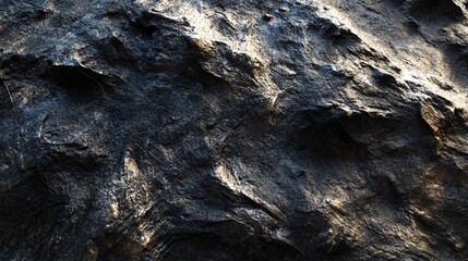 Sun light is illuminating a dark, uneven rock face
