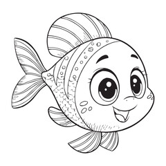 Cute Cartoon Fish Coloring Page for Kids – Fun Underwater Sea Animal Line Art Illustration