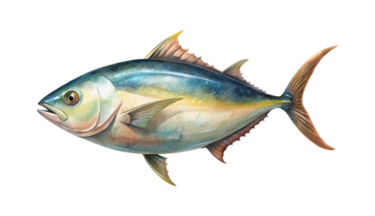 Watercolor Illustration of a Yellowfin Tuna Fish on a White Background