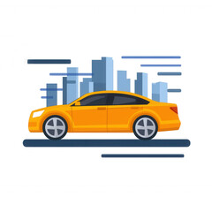 Fototapeta premium A vibrant yellow car speeding through a stylized cityscape, capturing movement and urban life.