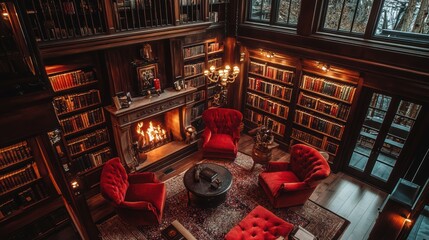 Naklejka premium A cozy library with a fireplace, red armchairs, and a large window overlooking trees.