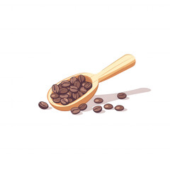 Obraz premium A wooden scoop filled with coffee beans surrounded by scattered beans on a white background, ideal for coffee-related themes and designs.