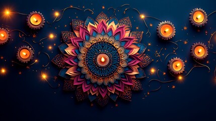 Fototapeta premium Diwali greeting card with bold mandala Rangoli cut from layered pastel and jewel-toned paper, strings of diya lamps glowing above in arched formation,