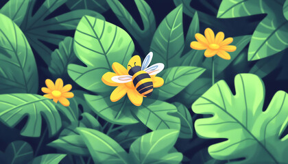Fototapeta premium A cartoon bee pollinates vibrant yellow flowers nestled amongst lush green foliage