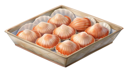 Nine beautiful scallops in a woven bamboo box with paper liners