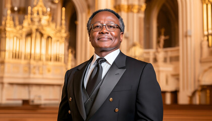 A dignified older man in formal wear smiles warmly in a church