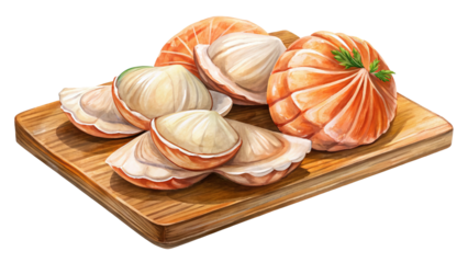 Delicious looking scallops and salmon sushi arranged on a wooden board