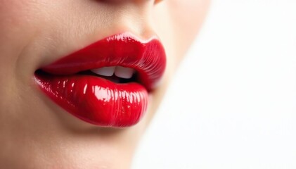 Obraz premium Close-up vibrant red lips, stark white backdrop, high-resolution, lipstick
