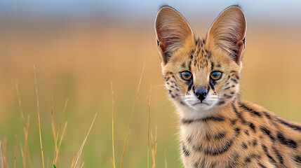Fototapeta premium Serval Kitten in Field: A captivating gaze of a young serval kitten is set amid a vibrant field, showcasing its unique spotted coat and large, expressive ears.