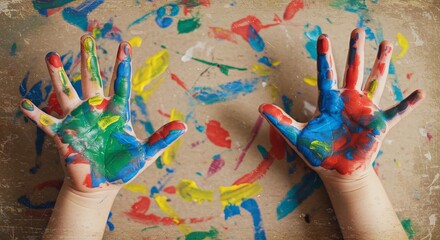 Obraz premium Rainbow-painted children’s hands with fun textures