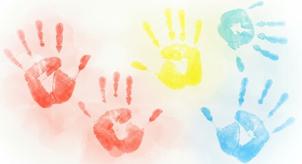 Expressive kids&rsquo; handprints in multiple colors on canvas