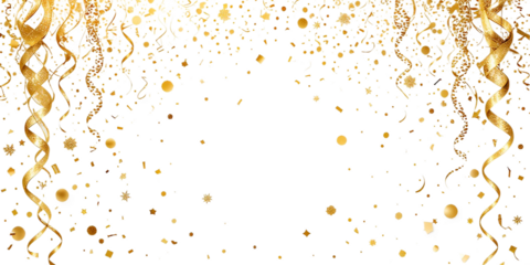 High-quality vector gold confetti, featuring serpentine, and shimmering tinsel cascading gently on png. Perfect for festive occasions like birthdays, celebrations, and holidays.