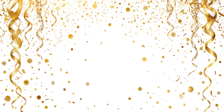 High-quality vector gold confetti, featuring serpentine, and shimmering tinsel cascading gently on png. Perfect for festive occasions like birthdays, celebrations, and holidays.