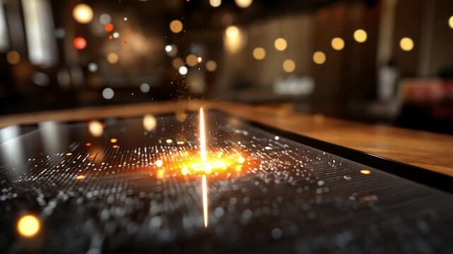 Hand Hovering Over a Tablet Screen with Glowing Data Patterns in a Cozy Indoor Setting