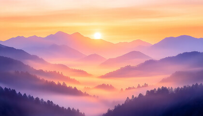 Serene sunrise over misty mountain valley