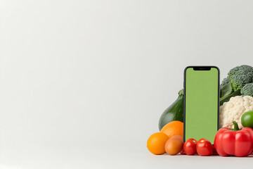 Smartphone with green screen beside fresh produce on white background