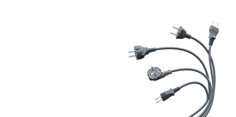 Bundle of wires with black electrical plugs. Isolated on a transparent background. Copy space. 3D Illustration.