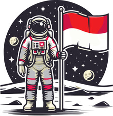 Indonesian Astronaut Holding the National Flag on the Moon