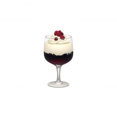 Delicious dessert beverage in a glass, layered with cream and raspberry, against a white isolate background.