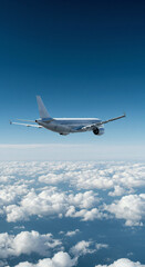 AI illustration of a plane at high altitudes flying above the clouds in a blue daytime sky