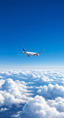 AI illustration of a plane at high altitudes flying above the clouds in a blue daytime sky