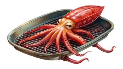 A comical orange octopus on a BBQ grill with a worried expression