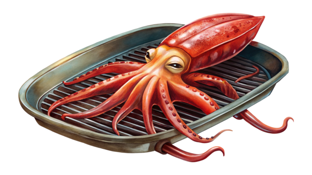 A comical orange octopus on a BBQ grill with a worried expression