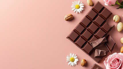Highresolution editorial layout, realistic chocolate detail in bottom right, light rose on the left, ample central space for quote or text, with nut and daisy embellishment,