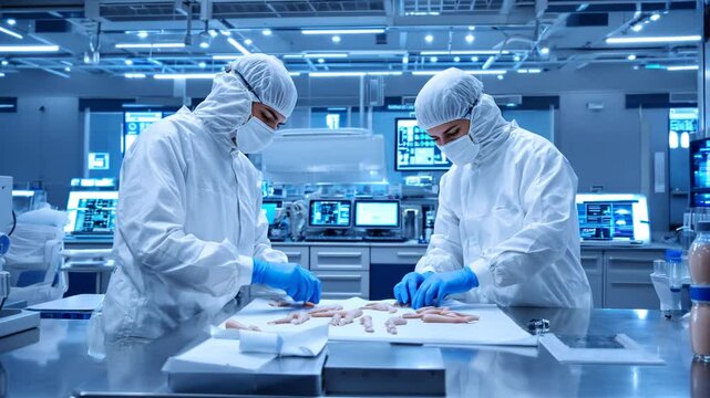 Two adult scientists in sterile suits working with lab-grown meat samples in high-tech food science laboratory. Concept of cultured meat innovation, sustainable food technology, and biotechnolog