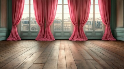 Empty room with pink drapes and hardwood floor
