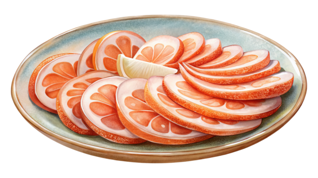 Watercolor Painting of Sliced Grapefruit with a Lemon Wedge on a Plate