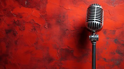 Vintage Microphone Red Background Studio Recording Music Broadcast Retro Style Metal Shiny Classic Elegant Professional Podcast Interview Audio Equipment Broadcasting Technology Communication Sound   