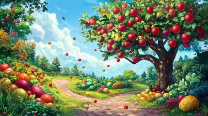 Fototapeta premium Abundant apple harvest, orchard path, sunny day, fairytale setting, game asset