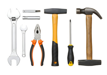 Set of Common Hand Tools Including Wrenches, Hammer, and Pliers