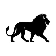 Vector silhouette of a lion running in a wild, cartoon style with a focus on the mane and nature