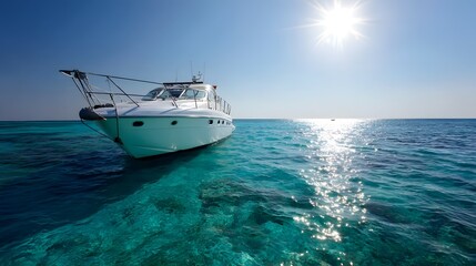 Fototapeta premium Pristine white yacht floats on turquoise sea waters.
