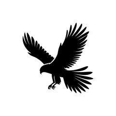 Silhouette of an eagle in flight with wings spread, flying against a white background, showcasing wildlife and nature in a simple black design