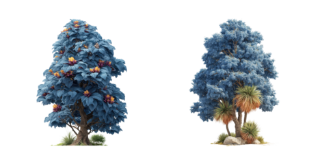 Two unique stylized trees blue foliage vibrant flowers isolated transparent background