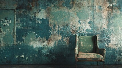 Old green chair standing in front of grunge wall